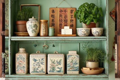 Traditional oriental arts: Hand-painted lanhui porcelain in antique kitchen shelf with tofu, herbs, and paper-cut decorations