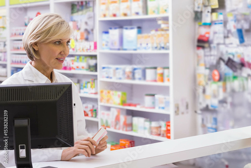 Senior woman pharmacist holding medicine box and checking computer at pharmacy counter, copy space