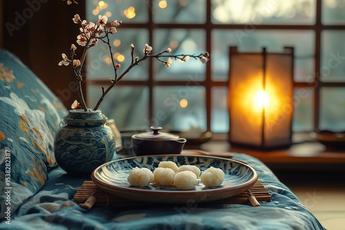 Traditional oriental arts: Kintsugi plate with mochi and a branch of plum blossoms, quiet Japanese breakfast scene 