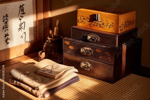 Traditional oriental arts: Still life of yosegi drawer chest and folded kimono, warm tatami room with soft shadows. Stack of yosegi marquetry boxes