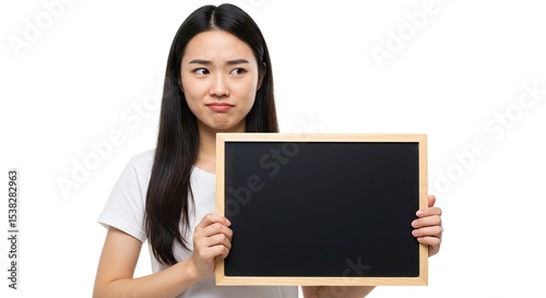 An Asian woman with a disgruntled face holds a blank blackboard against a white background
