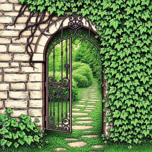 Beautiful garden gate entrance with ivy covered walls and stone path leading into the garden view scene