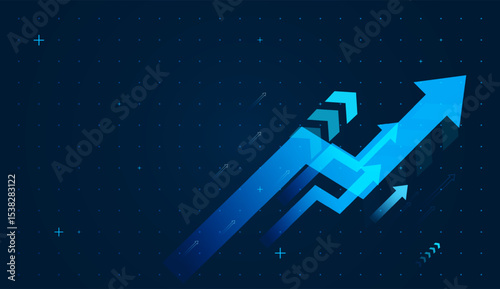 A dynamic blue arrow surges upward, symbolizing business growth, success, and positive market trends against a dark digital grid background. Group of Arrows up vector