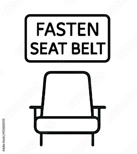 Icon of seat belt sign above outline chair representing travel safety  
