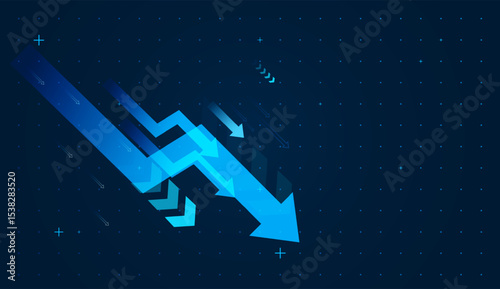 Set of arrows falling down in dynamic, and group of blue arrows surges downward, symbolizing business falling down, fail, and positive market trends against a dark