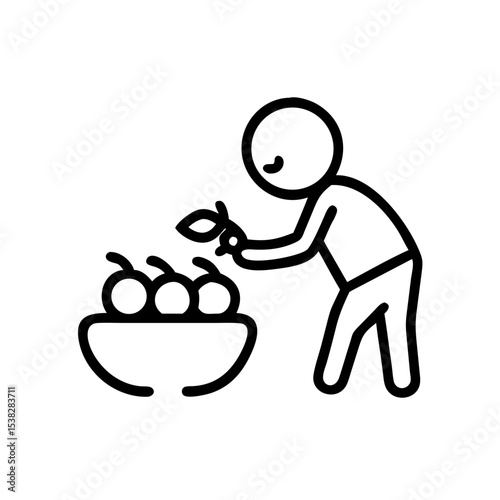 Stick figure picking fruit from bowl in minimalist line art style  