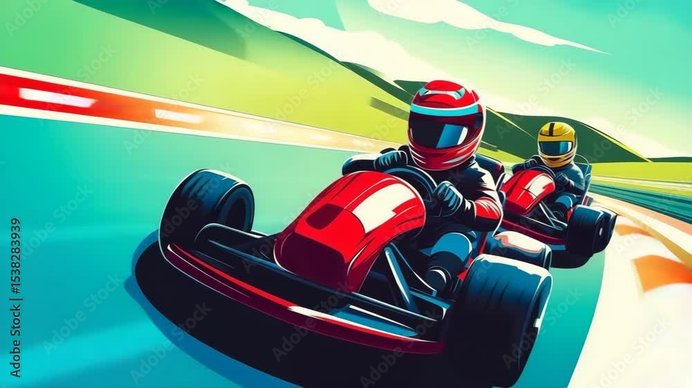 Two go-kart racers speeding around a sharp curve on a race track with helmets and vibrant landscape background