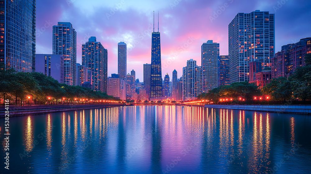 Fototapeta premium A majestic capture of the Chicago skyline mirroring over the calm river water as dusk sets in