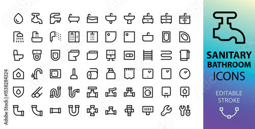 Bathroom and sanitary ware UI icons set. Set of faucet, bathtub, washbasin, shower cabin and tray, toilet, plumbing pipes, bathroom furniture and cabinet, towel rail vector icon with editable stroke
