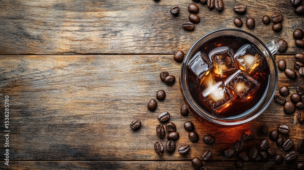 Chilled coffee on wooden table with ice cubes.Refreshing beverage. Blank space. Chilled coffee on wooden table with ice cubes.Refreshing beverage. Blank space.