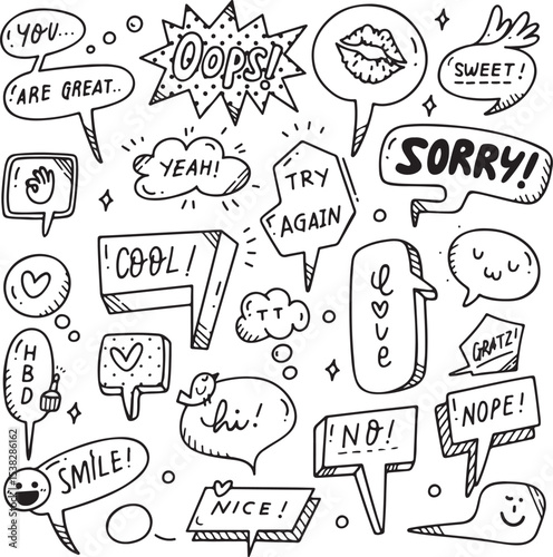 Comic Style Speech and Expression Doodle Set, Boom, Sorry, Yes, Wow, OMG, Text Bubble Sketch Vector, 