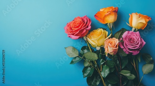 Colorful roses bouquet on blue backdrop.