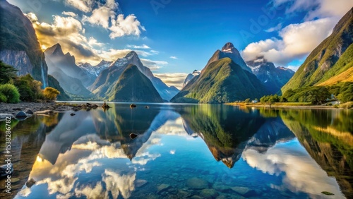 Serene waters of Milford Sound reflected in the majestic Fiord