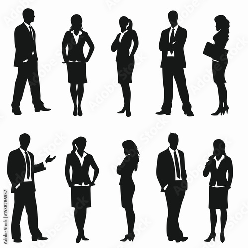 Diverse professional silhouettes present confident postures, wearing business attire against a solid background