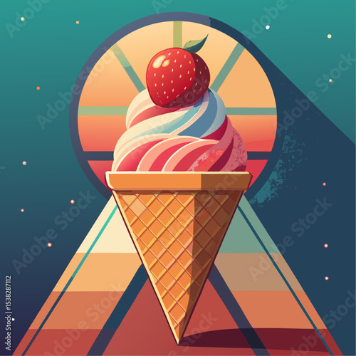 Colorful ice cream cone with strawberry on top against retro background  