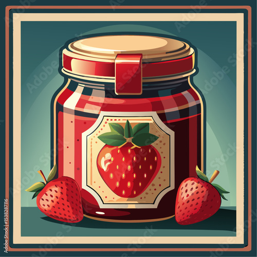 Strawberry jam jar with fresh strawberries in retro style  