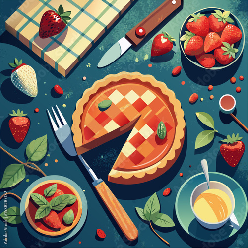 Strawberry pie with fresh fruits and mint on a colorful table  