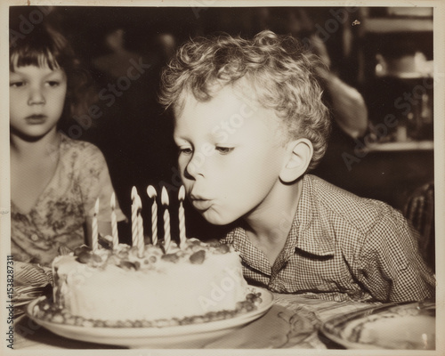 vintage photo of child blowing out birthday candles on cake, black and white film