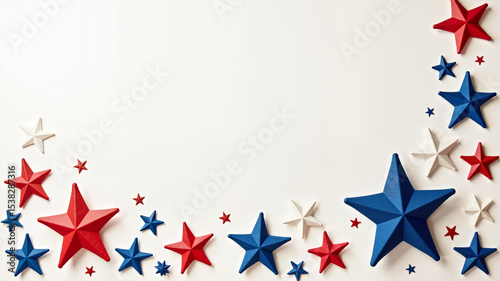 Red, white, and blue decorative stars are placed on a light fabric background, ideal for celebrations like Independence Day or patriotic events
