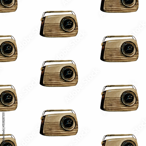flowers retro radio seamless pattern vintage watercolor beige brown