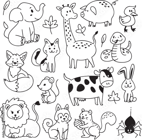 Cute Farm Animal Doodles Vector, Hand Drawn Cow, Pig, Sheep and Chicken, Children Educational Cartoon Set, 