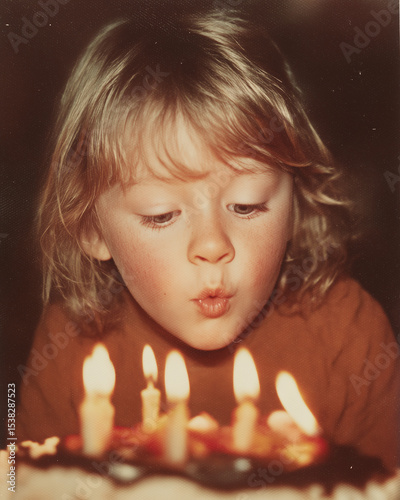 vintage photo of child blowing out birthday candles on cake, 1980s film