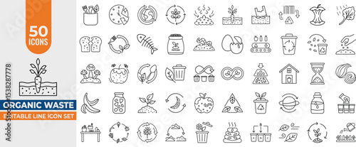 Organic Waste Line Icon Set - Compost, Organic Waste, Recycling, Food Scraps & Sustainable Farming. Editable Stroke. Vector illustration