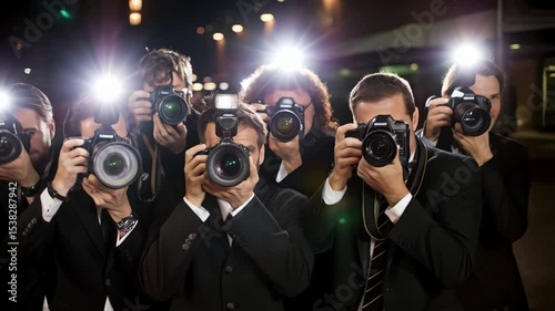 Group of paparazzi photographers capturing celebrity arrivals on a red carpet with camera flashes firing. Intense press moment symbolizing fame, media, and celebrity culture. Ideal for entertainment i