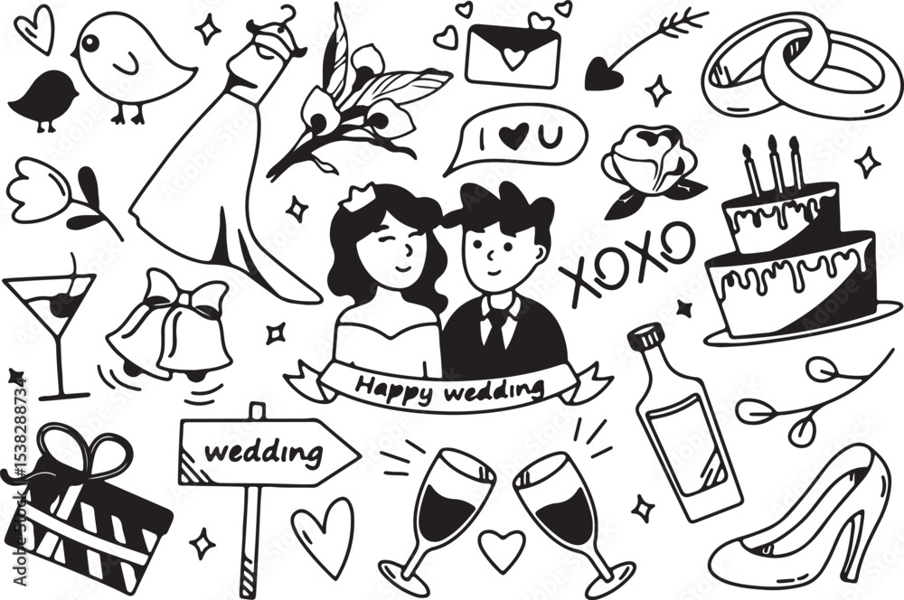 Obraz premium Wedding Couple Love Doodle Illustration, Romantic Cartoon Bride and Groom, Marriage Celebration Drawing, Hand Drawn Vector Art, Black and White Wedding Clipart, 