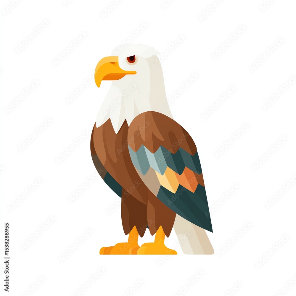 Obraz premium A majestic eagle stands tall, its brown and white plumage gleaming against a bright white background. A powerful symbol of freedom and strength.