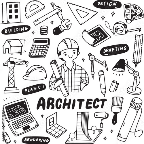  Architect Tools Doodle Illustration, Construction Concept Vector Set, Engineering Items Hand Drawn, Technical Design Elements Sketch,