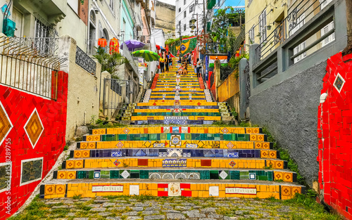 Escadaria Selaron red famous stairs staircase Rio de Janeiro Brazil.