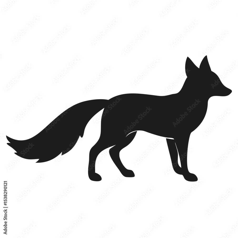Fototapeta premium Silhouette of a fox standing with a bushy tail and pointed ears on a white background illustration created with generated ai