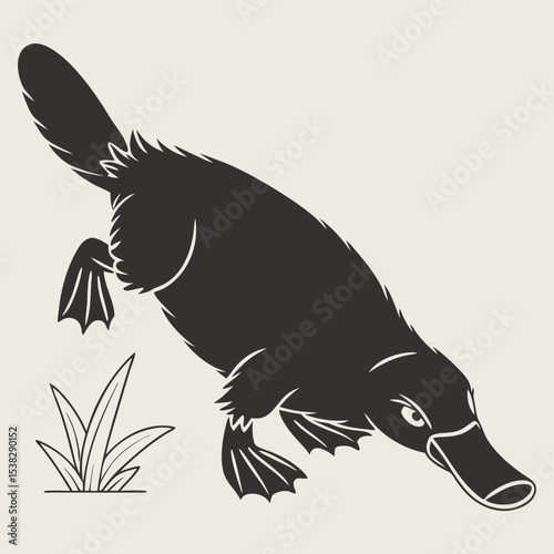 Illustration of a dark platypus swimming near some grass with a light background color in the image created with generated ai