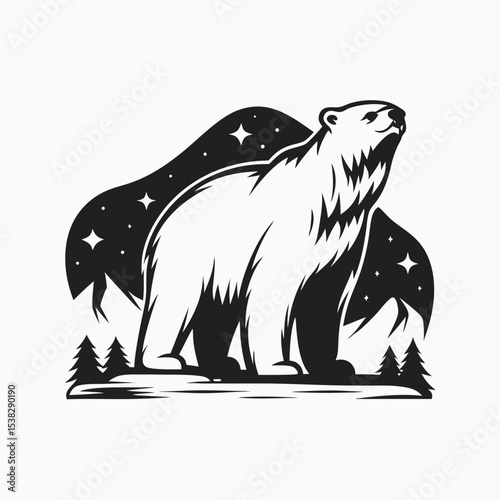 Illustration of a polar bear standing with mountains trees and stars in a black and white design style created with generated ai