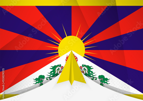 Tibet Flag with Abstract Paper Airplane Design, National Flag in a geometric folded paper style.