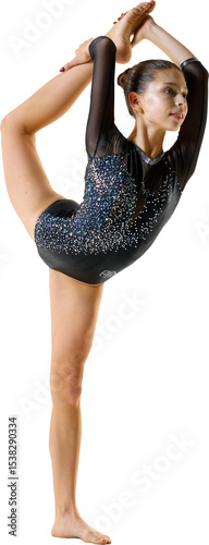 Obraz na plátne Confident gymnast in black sparkling leotard performs a standing scorpion pose with perfect form and composed facial expression