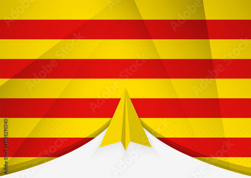 Catalonia Flag with Abstract Paper Airplane Design, National Flag in a geometric folded paper style.