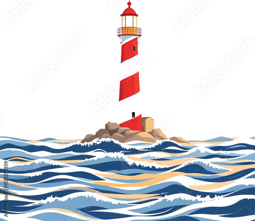 "Striped Lighthouse on Rocky Shore - Coastal Beacon Vector Illustration with Ocean Waves and Nautical Charm