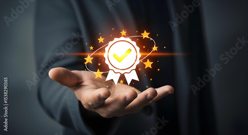 Hand presenting a quality guarantee seal with a green checkmark and stars, signifying trust and excellence.