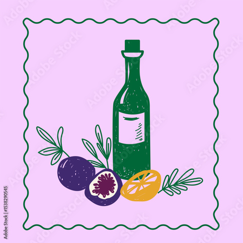 Sketch Green Glass Wine Bottle, Figs, Lemon Illustration. Vintage Mediterranean Atmosphere Life Element. Hand Drawn Travel Agency Card, Invitation, Poster Print Design. Beverage and Fresh Healthy Food