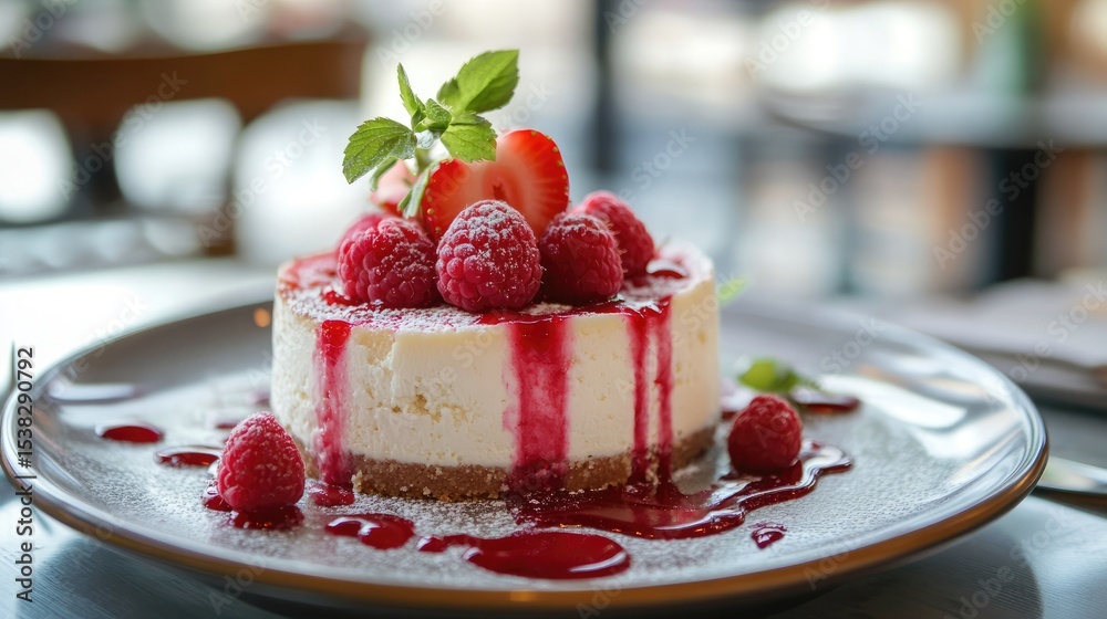 Low-Carb Gluten-Free Dessert with Strawberry and Raspberry Cheesecake on Cafe Table