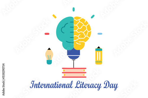 Surreal Brain Made of Books Art – International Literacy Day Vector Illustration.
