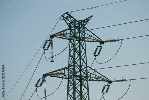 A tall green power tower stands prominently against a bright blue sky in the background, symbolizing electrical transmission and energy supply