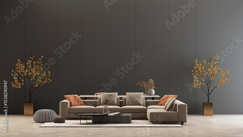 interior of a modern home and living room and sofa decoration mockup and black wall background. 3d rendering.