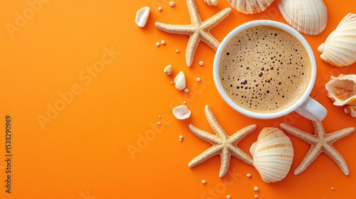 Marine-themed coffee with starfish and shells on a bright orange backdrop