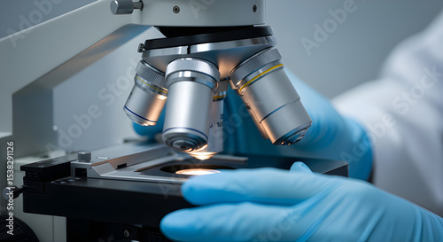 Scientist using microscope. Medical research, biotechnology, science, lab, blue gloves, and analysis.