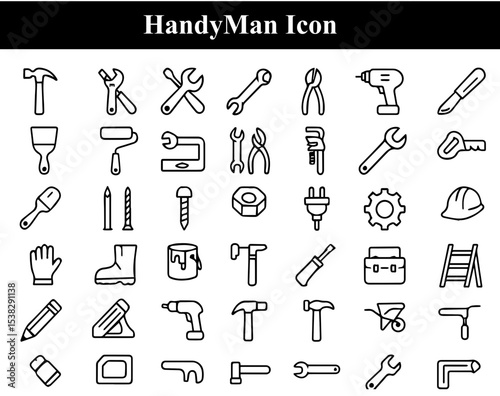Set of Handyman icons | setting icon | Drill machine icons | pin icon | Nut icon | Working shoes icon | Brush icon | Scrubber icon | Hand icon | Steps icon | Bag icon