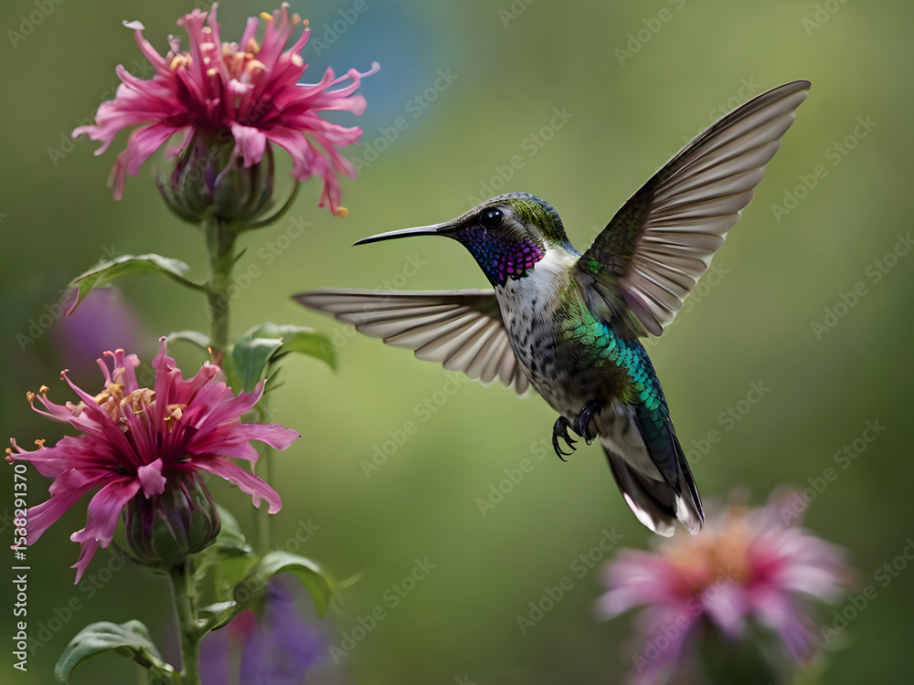 Obraz premium hummingbird and flower in green blur background