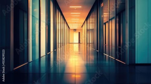 Modern office building with vacant lengthy hallway.